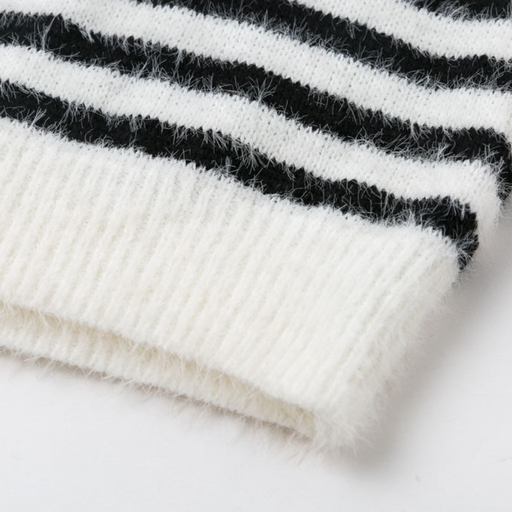 Open Back Fuzzy Striped White & Black Sweater - Picture 12 of 15